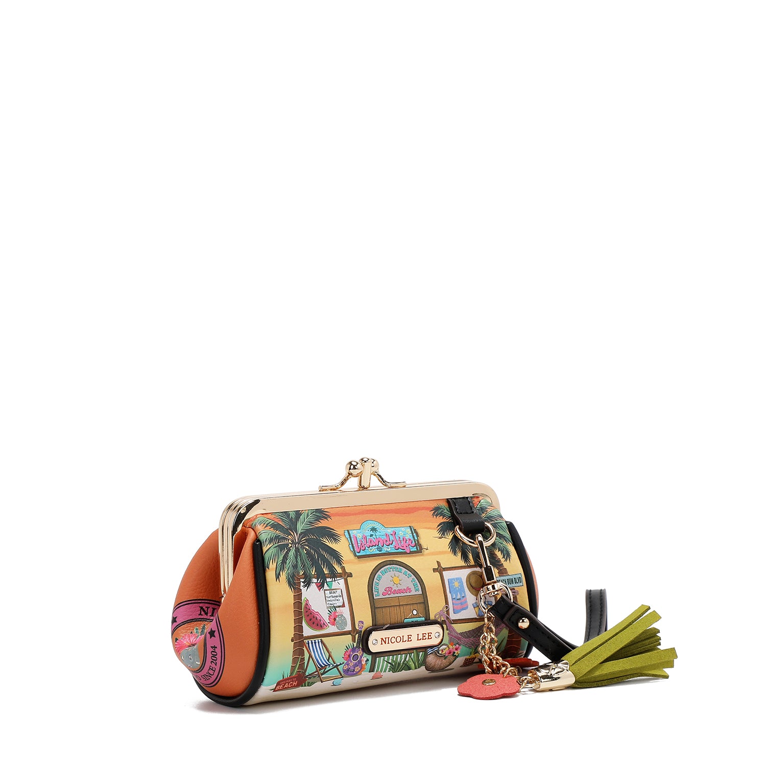 CP6614  Sun & Sand Monedero con  doble compartimiento y una correa de muñeca con una borla coqueta y adornos de flores.
