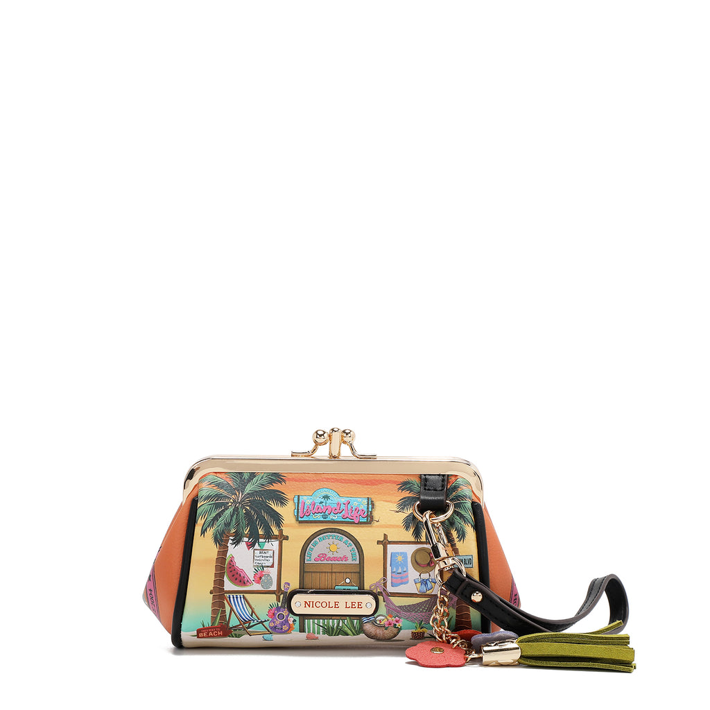 CP6614  Sun & Sand Monedero con  doble compartimiento y una correa de muñeca con una borla coqueta y adornos de flores.