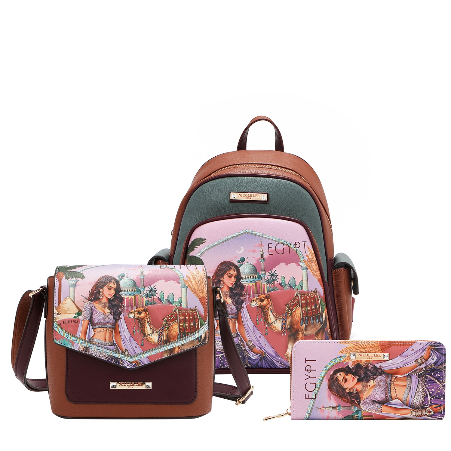 SET17298 QUEEN CLEOPATRA el conjunto de 3 piezas "Reina Cleopatra" incluye una mochila grande, una bandolera y una billetera; es su declaración todo en uno de fuerza y estilo.